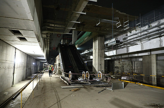 Escalator installations at platform to at platform to concourse level in progress at BKC Metro Station